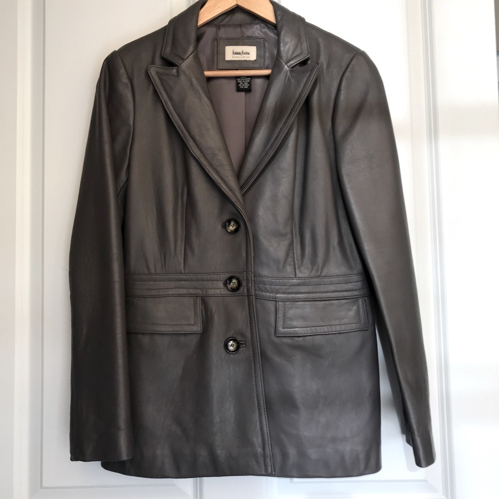 Vintage-ish Woman’s dark grey leather blazer, lined Nieman Marcus size Medium